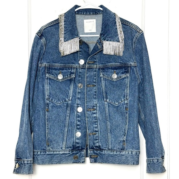 SANDRO Crystal Rhinestone Fringe Collar‎ Oversized Denim Trucker Jean Jacket M - Picture 6 of 15